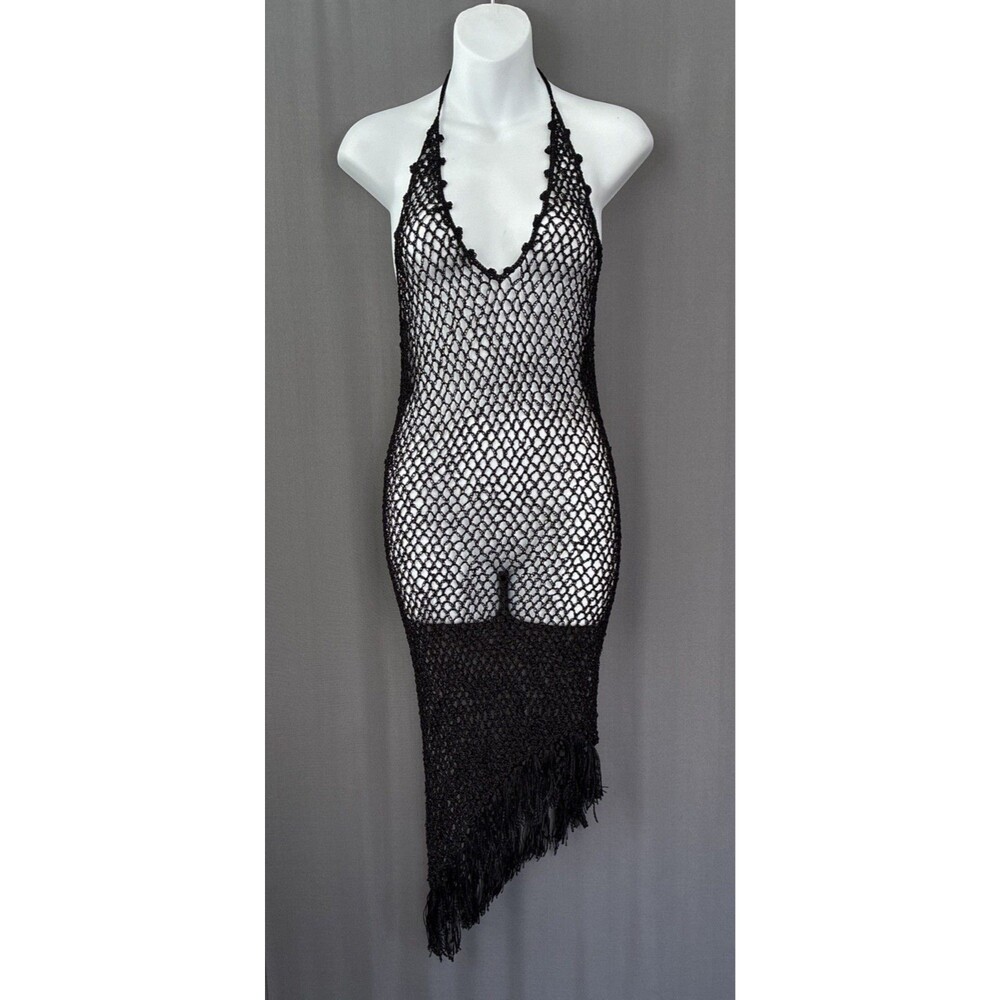 Black Fringed Crochet Halter Swimsuit Cover Up Dress ONE SIZE Sheer Sexy Beach
